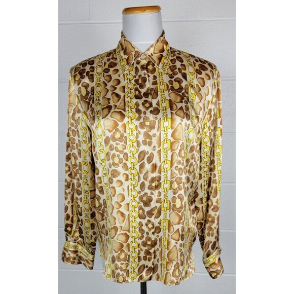 Vtg Starington by Charlotte Womens Leopard Gold Chain Print Silk Blouse Sz 8 - Picture 1 of 10